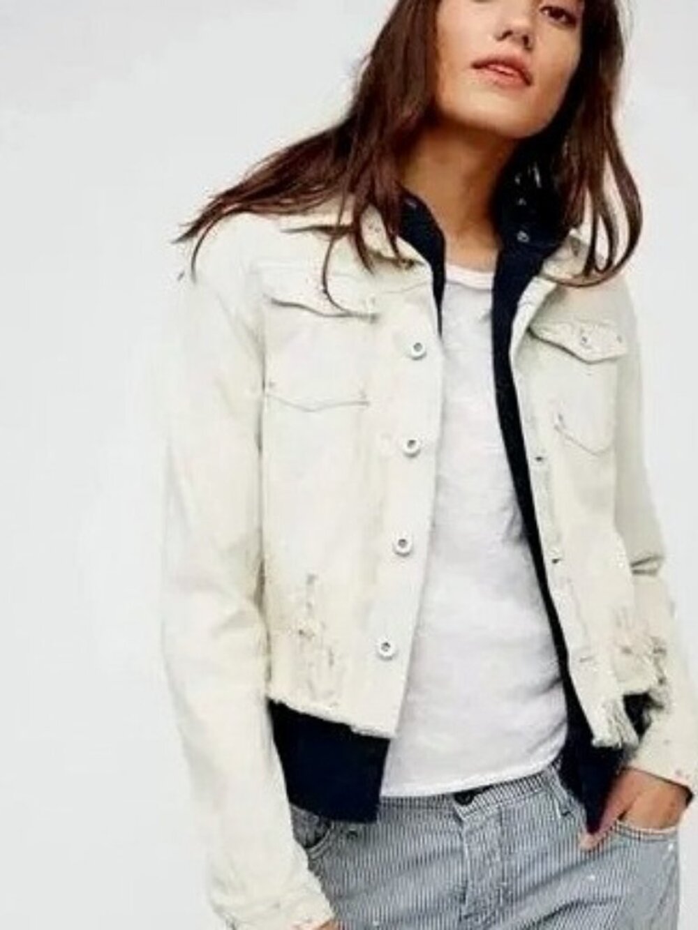 Free People Sz Small Distressed Off White Denim Jacket w/Integrated Black Hoodie